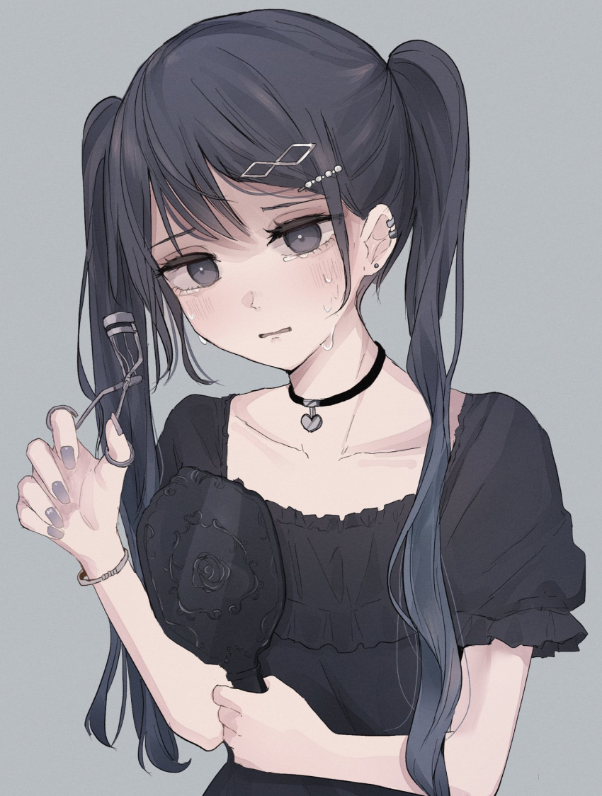 1girl bangs black_choker black_hair black_shirt blush choker collarbone commentary_request crying crying_with_eyes_open ear_piercing earrings eyebrows_visible_through_hair eyelash_curler grey_background grey_eyes grey_nails hair_ornament hairclip hand_mirror highres holding holding_mirror jewelry long_hair mirror nail_polish original parted_lips piercing puffy_short_sleeves puffy_sleeves shirt short_sleeves simple_background solo stud_earrings tears tsuruse twintails upper_body very_long_hair wavy_mouth