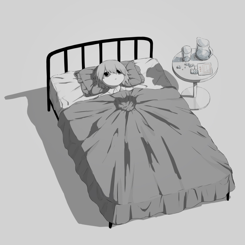 1other absurdres avogado6 bed_frame black_eyes closed_mouth commentary_request drink drugs grey_background grey_hair heart highres lying on_back on_bed original pitcher solo under_covers wide-eyed