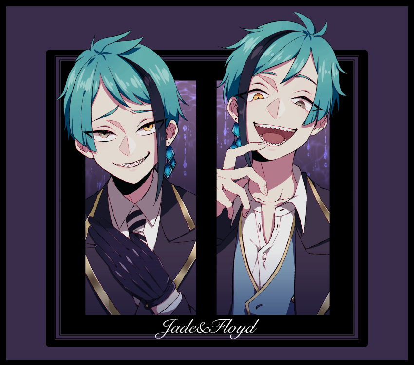 2boys black_gloves black_hair braid brothers brown_eyes character_name collared_shirt earrings floyd_leech gloves green_hair heterochromia highres jacket jade_leech jewelry kazuse616 long_sleeves looking_at_viewer male_focus multicolored_hair multiple_boys necktie sharp_teeth shirt siblings smile streaked_hair striped striped_neckwear teeth twisted_wonderland upper_body vest yellow_eyes