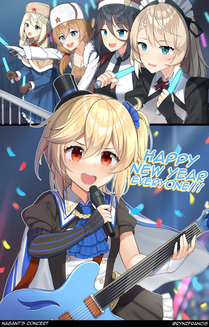 5girls absurdres concert english_text female_commander_(girls_frontline) fur_hat g36_(girls_frontline) girls_frontline gloves glowstick guitar happy_new_year hat highres idol instrument maid mini_hat mod3_(girls_frontline) mosin-nagant_(girls_frontline) multiple_girls nagant_revolver_(girls_frontline) new_year official_alternate_costume ppsh-41_(girls_frontline) rynzfrancis siblings sisters ushanka