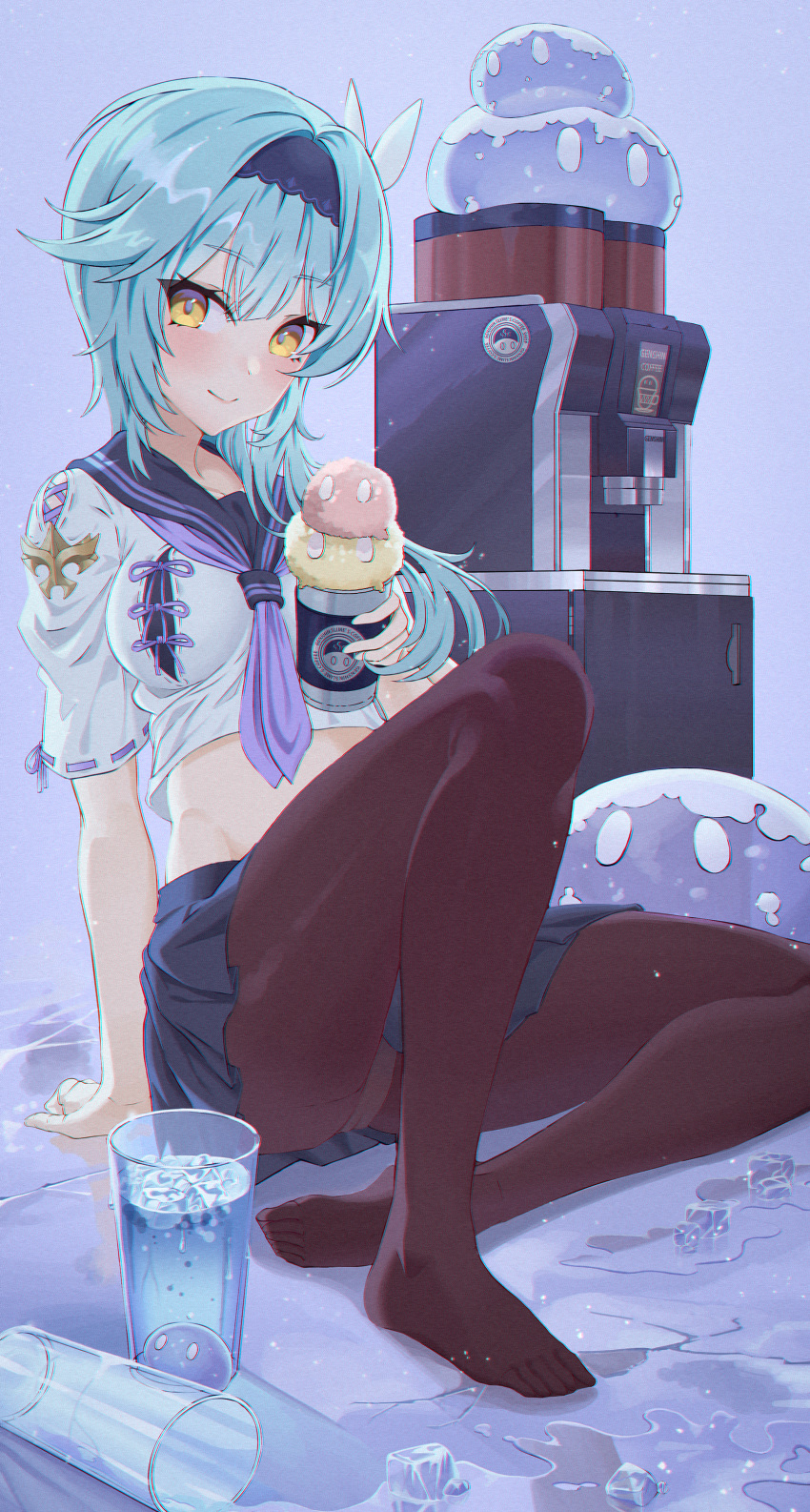 1girl absurdres bangs blue_hair blue_hairband blush breasts brown_legwear chromatic_aberration clothing_request coffee_maker_(object) commentary eula_lawrence eyebrows_visible_through_hair food genshin_impact glass hair_ornament hairband highres holding ice ice_cream looking_at_viewer necktie o-los pantyhose skirt slime_(genshin_impact) uniform yellow_eyes