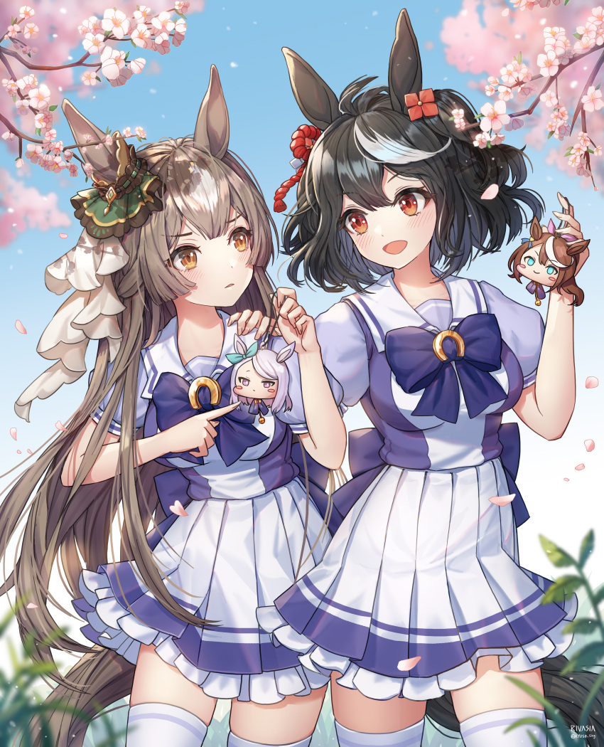 2girls :d absurdres animal_ears bangs black_hair blue_bow blurry blurry_background blurry_foreground blush bow breasts brown_eyes brown_hair character_doll cherry_blossoms commentary_request cowboy_shot doll eyebrows_visible_through_hair frilled_skirt frills hair_ornament hand_on_another's_shoulder hands_up highres holding holding_doll horse_ears horse_girl horse_tail huge_filesize kasia0309 kitasan_black long_hair looking_at_another medium_breasts mejiro_mcqueen_(umamusume) multicolored_hair multiple_girls open_mouth pleated_skirt puffy_short_sleeves puffy_sleeves purple_shirt red_eyes satono_diamond school_uniform shirt short_sleeves skirt smile standing streaked_hair tail thigh-highs tokai_teio_(umamusume) tracen_school_uniform umamusume very_long_hair white_hair white_legwear white_skirt