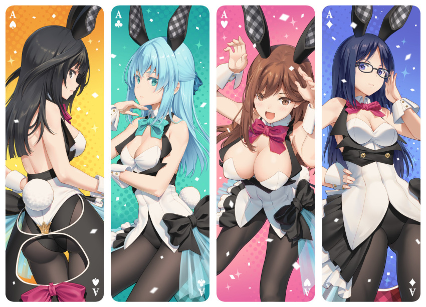 4girls ace_of_clubs ace_of_diamonds ace_of_hearts ace_of_spades agatsuma_kaede alice_gear_aegis animal_ears ass black_eyes black_hair black_legwear blue_bow blue_eyes blue_hair bow brown_eyes brown_hair bunny_tail closed_mouth detached_collar fake_animal_ears fake_tail leotard multiple_girls ochanomizu_mirie open_mouth pinakes pink_bow playboy_bunny rabbit_ears tail usamoto_anna wrist_cuffs