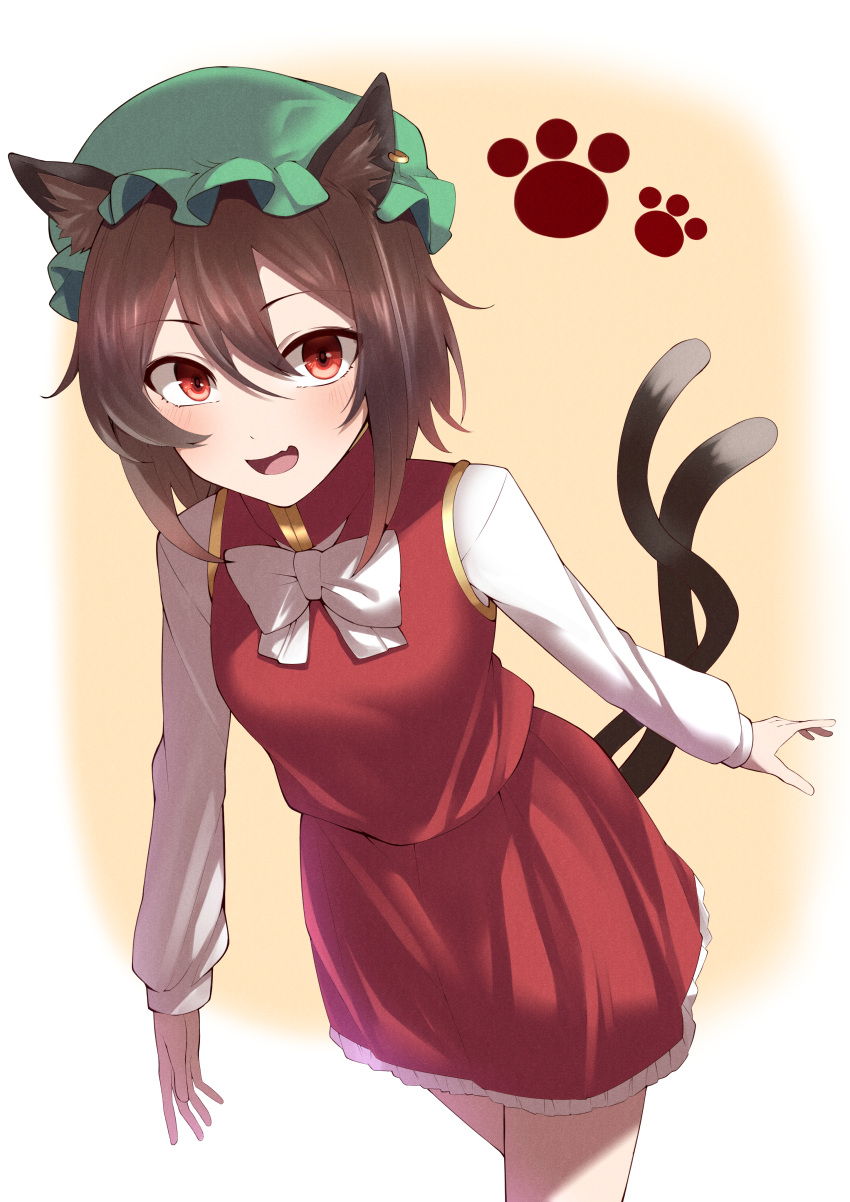 1girl :d absurdres animal_ear_fluff animal_ears bow bowtie breasts brown_hair cat_ears cat_tail chen dress fang feet_out_of_frame hat highres keenii_(kenny86) light_blush looking_at_viewer medium_breasts mob_cap multiple_tails nekomata open_mouth paw_print paw_print_background red_dress red_eyes short_hair simple_background skin_fang smile solo tail touhou two_tails white_background white_neckwear