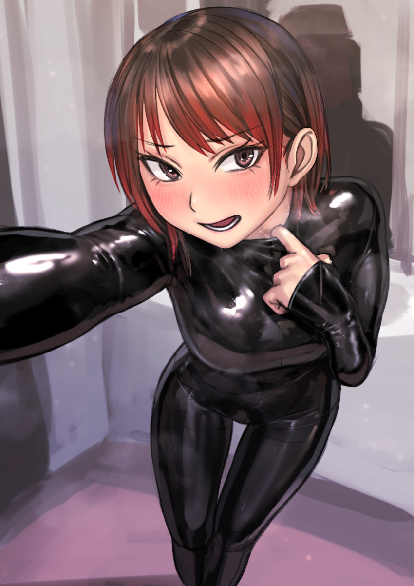 1girl black_bodysuit blush bodysuit brown_eyes brown_hair eyebrows_visible_through_hair hair_between_eyes highres kirie_kairi latex latex_bodysuit looking_at_viewer original shiny shiny_clothes sidelocks skin_tight solo