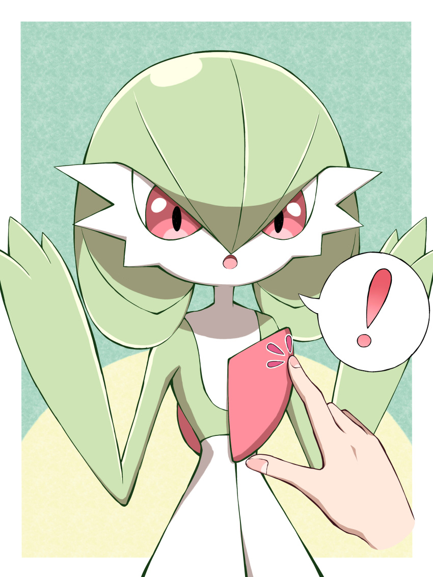 ! :o absurdres border colored_skin commentary_request fingernails gardevoir gen_3_pokemon green_hair hands_up highres looking_down open_mouth pokemon pokemon_(creature) poking red_eyes shabana_may spoken_exclamation_mark tongue w_arms white_border white_skin
