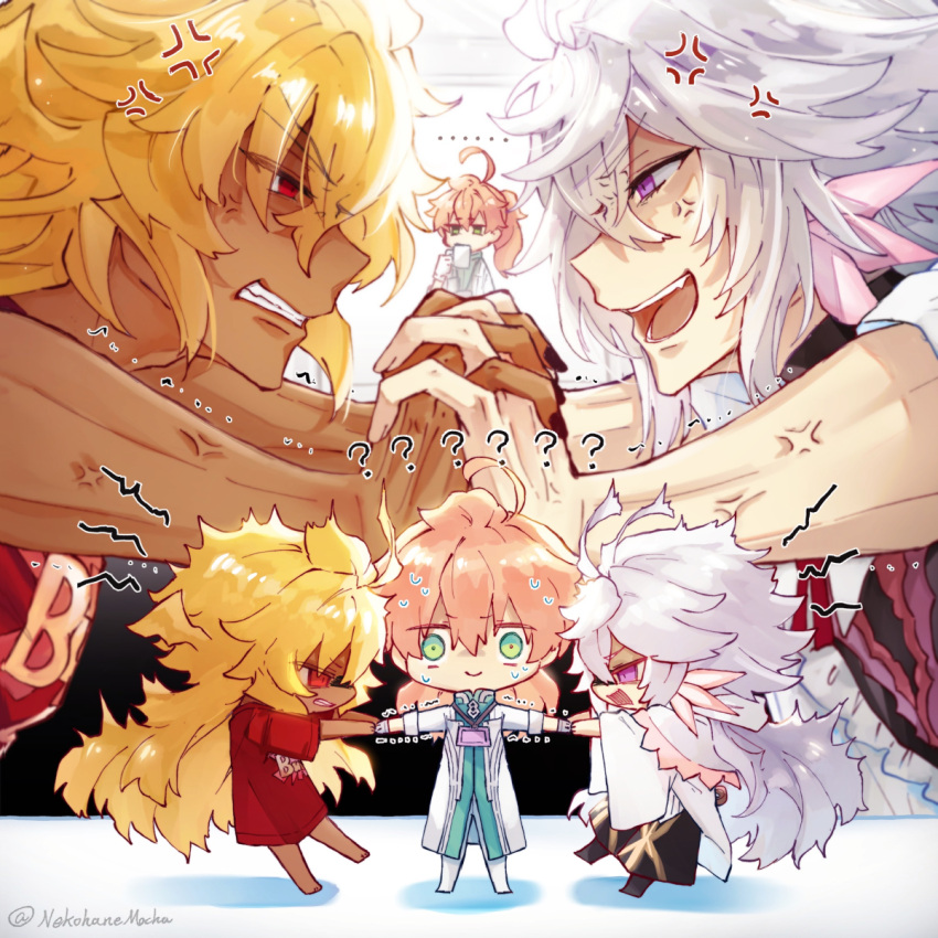 ... 3boys ? ?? ahoge anger_vein angry bangs black_nails black_pants blonde_hair buster_shirt chibi clenched_teeth closed_mouth coat commentary cup dark-skinned_male dark_skin drinking eyebrows_visible_through_hair fate/grand_order fate_(series) fighting flower full_body gloves goetia_(fate) green_eyes green_pants green_shirt hair_flower hair_ornament highres holding holding_cup indoors interlocked_fingers labcoat lindanyunyu long_hair looking_at_viewer medical_scrubs merlin_(fate) multiple_boys nail_polish open_mouth orange_hair pants pink_flower pulling red_eyes red_shirt robe romani_archaman shirt short_sleeves sidelocks simple_background sweat sweating_profusely teeth trembling unamused upper_body upper_teeth violet_eyes white_background white_coat white_gloves white_hair white_robe