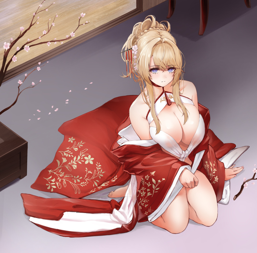 1girl absurdres azur_lane bare_shoulders blonde_hair braid breasts center_opening chinese_new_year choker cleavage_cutout clothing_cutout crown_braid dress floral_print flower from_above full_body glorious_(azur_lane) glorious_(pungent_plum)_(azur_lane) hair_ornament hair_stick highres hitsuji_(sheepsb22) indoors kanzashi large_breasts looking_at_viewer neckwear off-shoulder_kimono official_alternate_costume open_clothes open_dress petals pink_flower red_choker red_dress solo tied_hair violet_eyes wide_sleeves