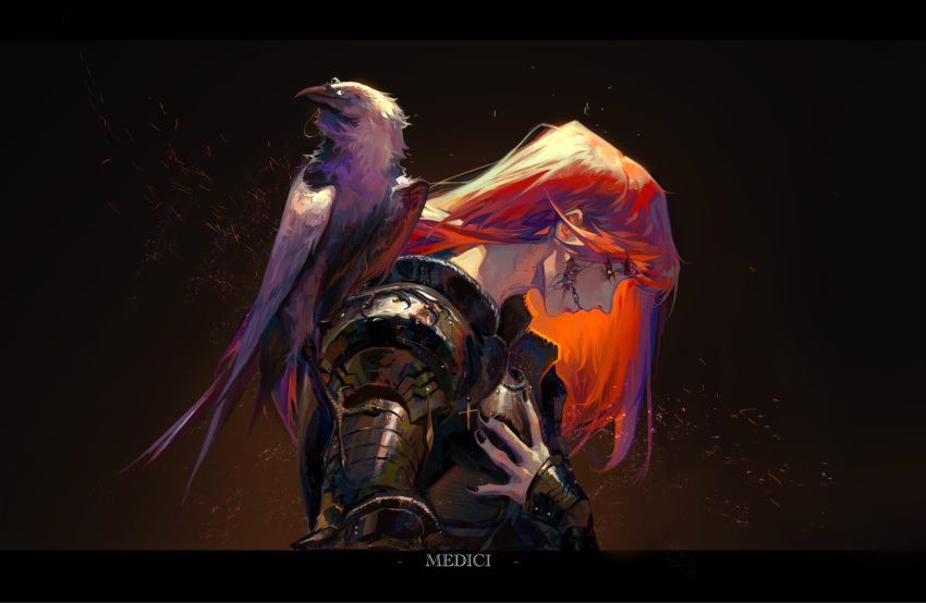 1boy animal_on_shoulder armor bird bird_on_shoulder black_armor black_nails crow deep_wound ears embers fangs fangs_out flesh hand_on_own_chest head_down highres injury long_hair looking_at_viewer looking_to_the_side lord_of_the_mysteries medici_(lord_of_the_mysteries) misty922 name_tag pauldrons redhead reflection shoulder_armor solo