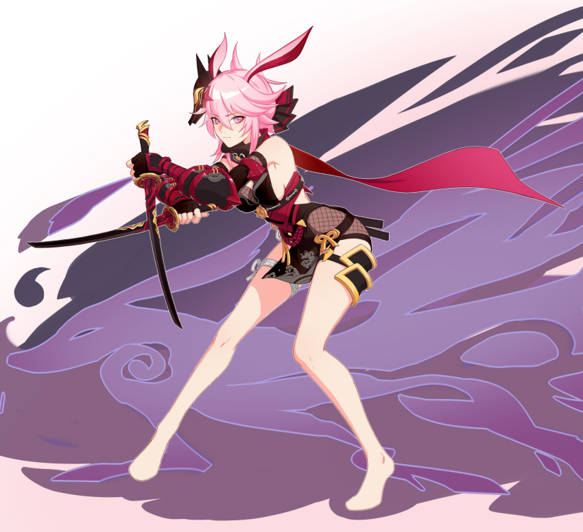 alternate_eye_color animal_ears armpits bangs bare_shoulders barefoot breasts closed_mouth fox fox_ears fox_mask full_body hair_between_eyes highres holding holding_sword holding_weapon honkai_(series) honkai_impact_3rd katana li376516233 looking_at_viewer mask ninja pink_eyes pink_hair scarf sideboob smoke sword weapon yae_kasumi yae_sakura yae_sakura_(darkbolt_jonin)