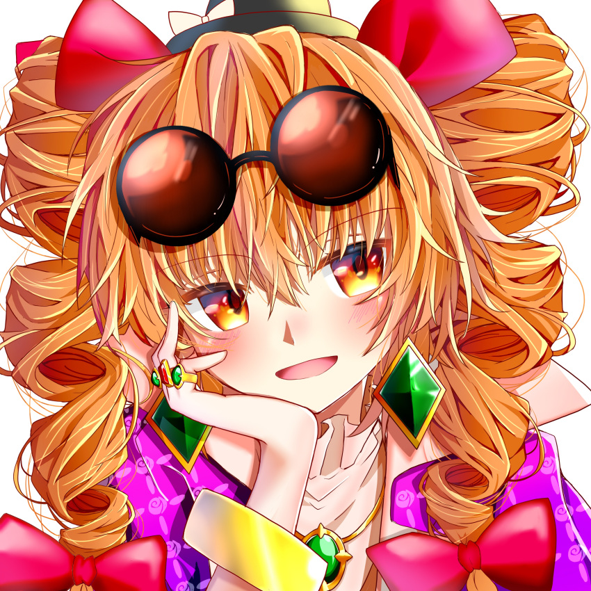 1girl absurdres amaxa black_headwear blush bow brown_eyes brown_hair drill_hair earrings eyebrows_visible_through_hair eyewear_on_head hair_bow hand_on_own_face hat highres jewelry long_hair looking_at_viewer open_mouth red_bow ring smile solo sunglasses top_hat touhou twin_drills yorigami_jo'on