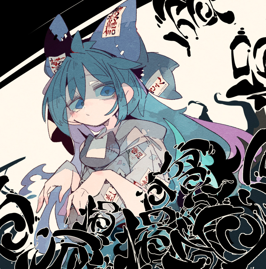 1girl bangs blue_bow blue_eyes blue_hair bow debt eyebrows_visible_through_hair grey_hoodie hair_bow highres hood hoodie long_hair looking_at_viewer massakasama open_mouth short_sleeves solo stuffed_animal stuffed_cat stuffed_toy touhou upper_body white_background yorigami_shion