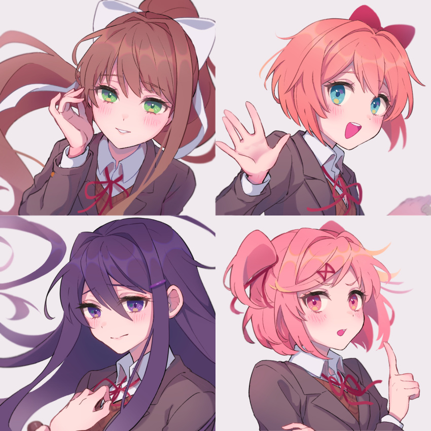 4girls blue_eyes blush bow brown_hair commentary doki_doki_literature_club fang green_eyes hair_bow hair_ornament hairclip hand_up highres index_finger_raised long_hair long_sleeves looking_at_viewer m1stm1 monika_(doki_doki_literature_club) multiple_girls natsuki_(doki_doki_literature_club) neck_ribbon open_mouth orange_hair parted_lips pink_eyes pink_hair ponytail portrait purple_hair red_bow red_neckwear ribbon sayori_(doki_doki_literature_club) school_uniform short_hair simple_background smile two_side_up upper_body upper_teeth violet_eyes white_background white_ribbon x_hair_ornament yuri_(doki_doki_literature_club)