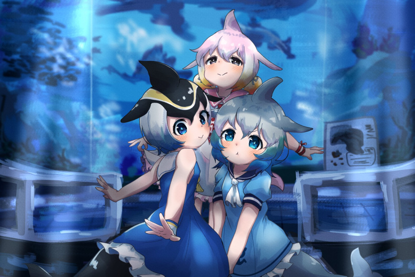 3girls bare_shoulders black_hair blue_dress blue_eyes blue_hair blush bow bowtie chinese_white_dolphin_(kemono_friends) commentary_request common_bottlenose_dolphin_(kemono_friends) common_dolphin_(kemono_friends) dolphin_girl dolphin_tail dorsal_fin dress eyebrows_visible_through_hair frilled_dress frills gradient_hair highres kemono_friends kemono_friends_3 looking_at_viewer multicolored_hair multiple_girls neckerchief necktie orange_hair pink_hair pout red_neckwear sailor_collar sailor_dress short_hair short_twintails sleeveless taitai0012365kv twintails white_dress white_hair white_neckwear yellow_neckwear