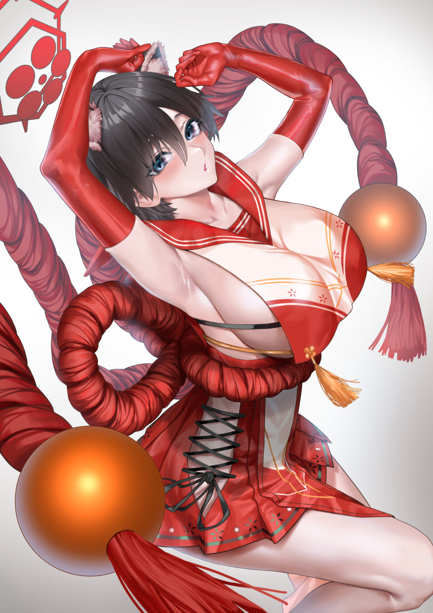 1girl absurdres armpits arms_up black_hair blue_archive blue_eyes breasts elbow_gloves gloves gradient gradient_background grey_background hair_between_eyes halo highres kos-owl large_breasts looking_at_viewer red_gloves red_sailor_collar red_skirt rope sailor_collar shimenawa short_hair skirt solo thighs tsubaki_(blue_archive)