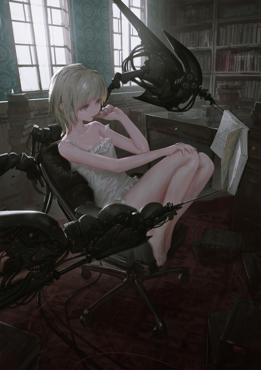 1girl absurdres bare_legs bare_shoulders barefoot blue_eyes book book_stack bookshelf camisole chair commentary_request desk frilled_camisole full_body grey_hair highres indoors machine original reading reoen science_fiction short_hair sitting strap_slip window