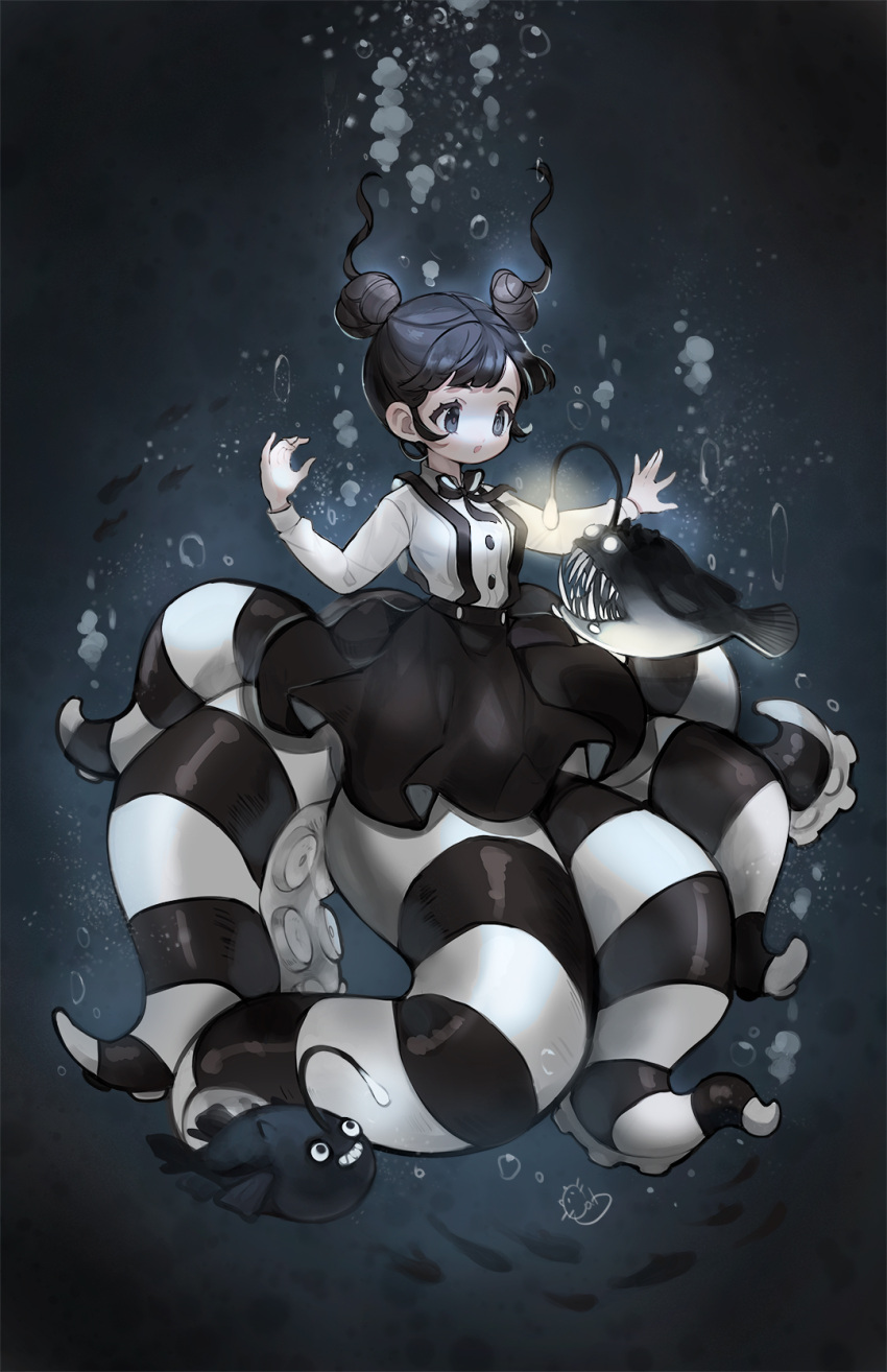 1girl alpaca_carlesi amissio bangs black_bow black_hair black_neckwear black_skirt blue_eyes bow bowtie bubble collared_shirt commentary double_bun english_commentary fish full_body highres long_sleeves looking_at_animal monster_girl open_mouth paski_(amissio) scylla shirt signature skirt solo suspender_skirt suspenders tentacles underwater white_shirt