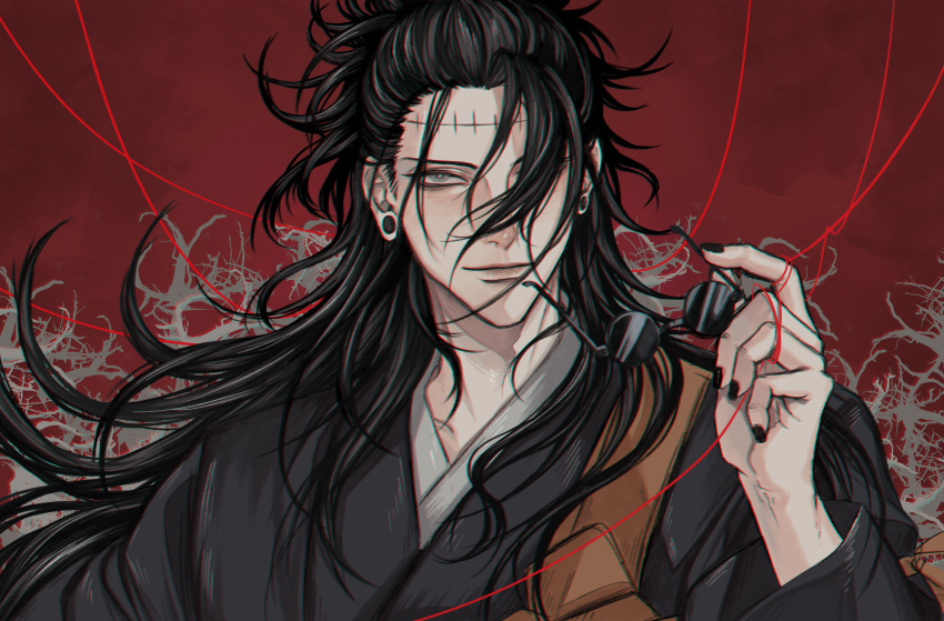 1boy absurdres bangs black_hair black_kimono black_nails closed_mouth ear_piercing eyewear_removed getou_suguru grey_eyes hair_between_eyes hair_pulled_back highres holding holding_eyewear japanese_clothes jennyandloiryan jujutsu_kaisen kimono long_hair long_sleeves looking_at_viewer male_focus piercing red_background round_eyewear smile solo string string_of_fate sunglasses tsurime upper_body