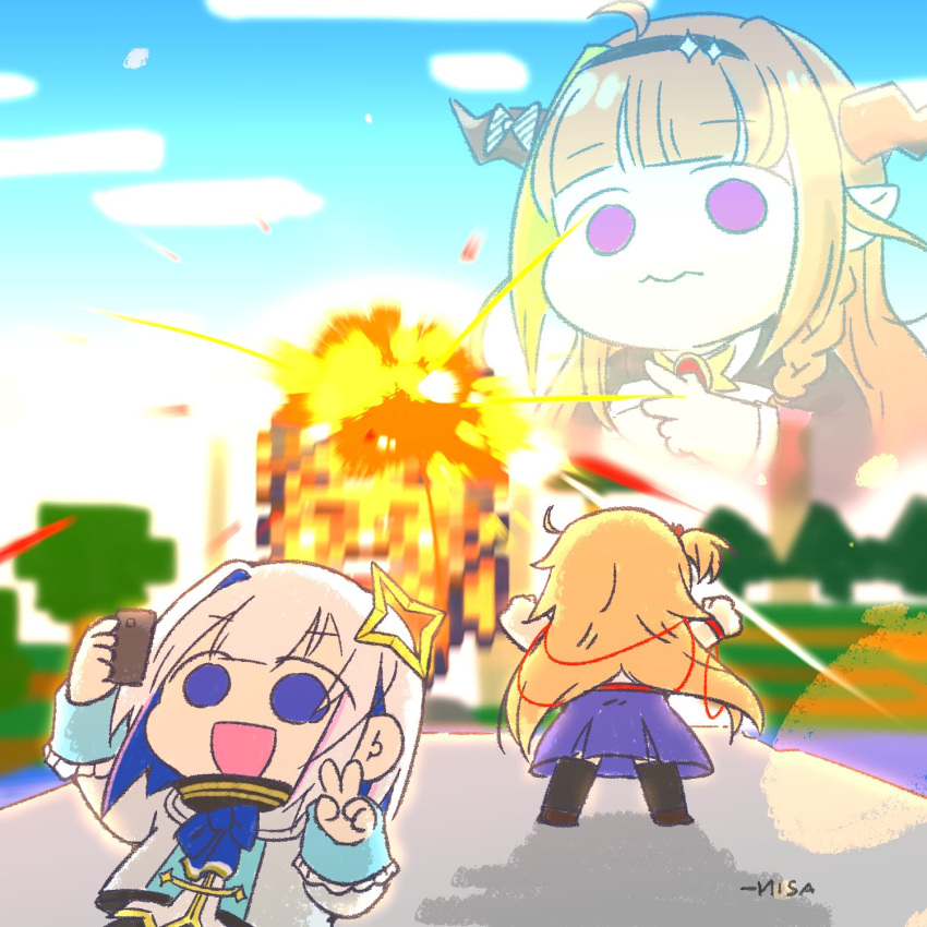 3girls akai_haato amane_kanata artist_name blonde_hair blue_eyes blue_hair blue_sky cellphone chibi clouds colored_inner_hair commentary_request dragon_girl dragon_horns explosion expressionless hair_ornament hair_ribbon highres holding holding_phone hololive horns kiryu_coco minecraft multicolored_hair multiple_girls open_mouth orange_hair phone pink_hair ribbon selfie silver_hair sky smartphone streaked_hair transparent tree v violet_eyes virtual_youtuber wakatsuki_misato yagoo