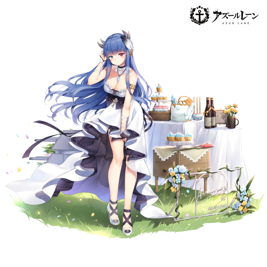 1girl armlet azur_lane bangs blue_eyes blue_hair blush breasts cake choker copyright_name dress eyebrows_visible_through_hair faux_figurine feather_hair_ornament feathers floating_hair food full_body gold hair_ornament hair_tucking heterochromia high_heels highres horns ibuki_(azur_lane) ibuki_(snow_on_the_wind)_(azur_lane) lace lace_choker large_breasts leaning_forward long_hair looking_at_viewer maya_g official_alternate_costume official_art red_eyes sapphire_(gemstone) sideboob sidelocks solo strapless strapless_dress table transparent_background white_dress wind wrist_wrap