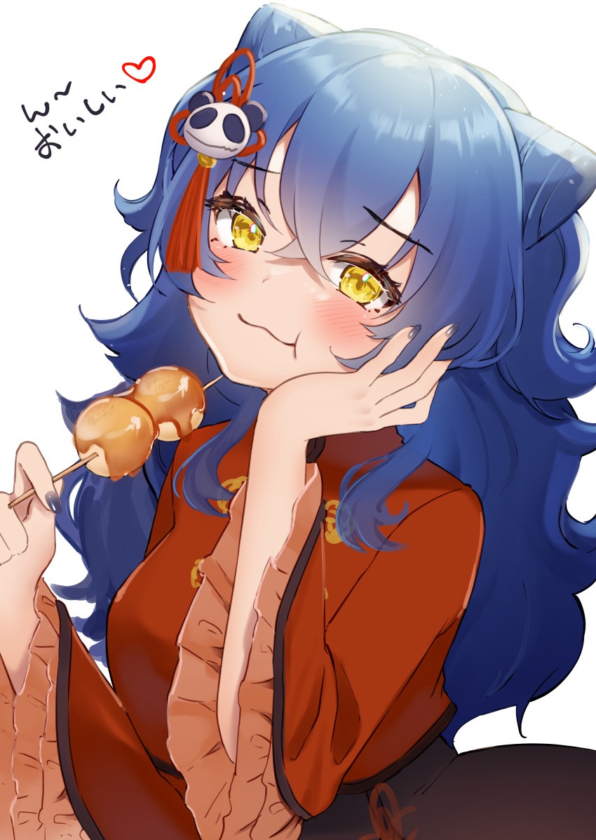 1girl :t absurdres bangs blue_hair blue_nails blush closed_mouth clothing_request commentary_request eating eyebrows_visible_through_hair food frilled_sleeves frills hair_between_eyes hand_on_own_cheek hand_on_own_face hands_up heart highres holding kodama_(koda_mat) long_hair long_sleeves looking_at_viewer nail_polish original red_shirt shirt simple_background skewer smile solo translation_request upper_body white_background wide_sleeves yellow_eyes