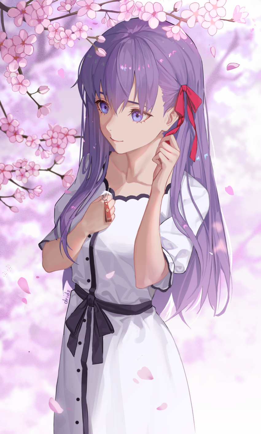 1girl cherry_blossoms closed_mouth dress drid fate/stay_night fate_(series) hair_ribbon hands_up highres holding keychain long_hair matou_sakura puffy_short_sleeves puffy_sleeves purple_hair red_ribbon ribbon short_sleeves smile solo upper_body violet_eyes white_dress