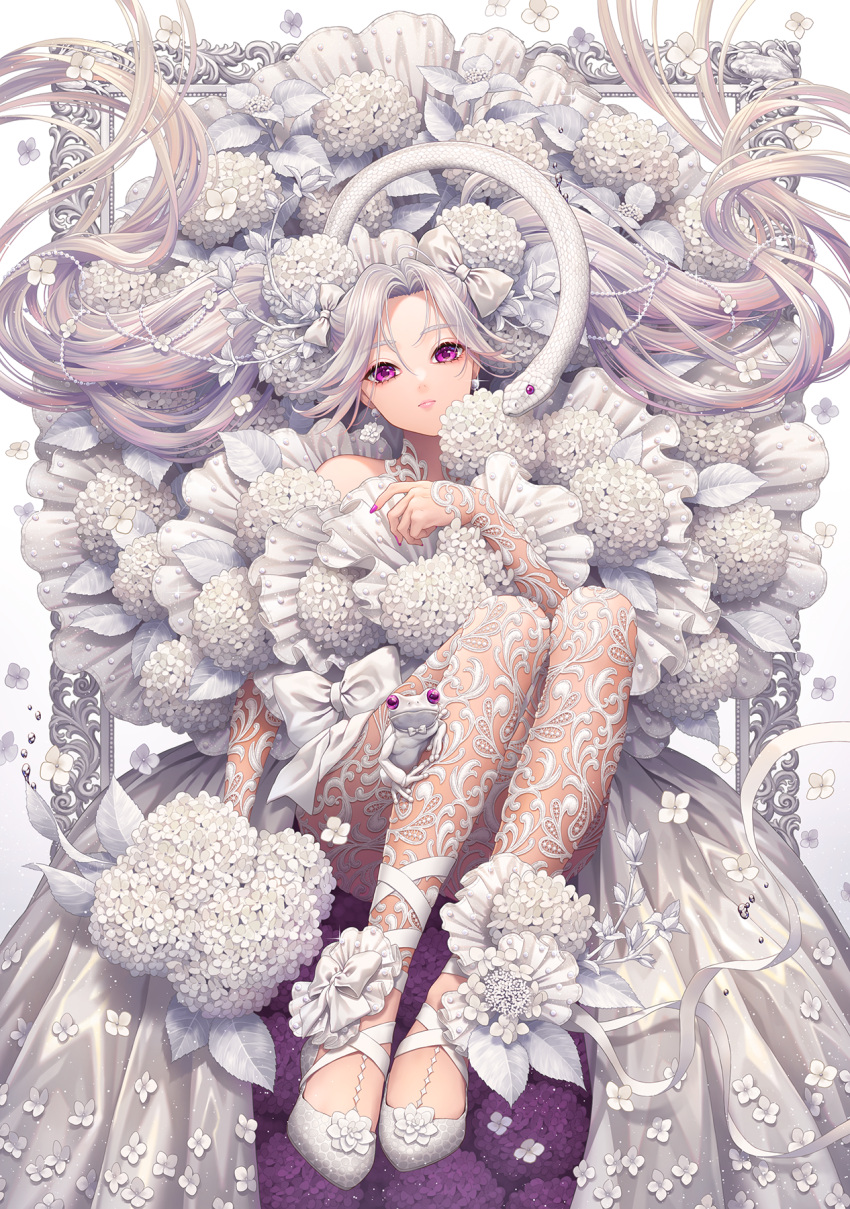 1girl animal_ears bow earrings flower flower_earrings frog hair_bow highres hydrangea jewelry knees_up long_hair looking_at_viewer minami_(minami373916) original purple_flower purple_nails silver_hair snake solo very_long_hair violet_eyes white_bow white_flower white_footwear