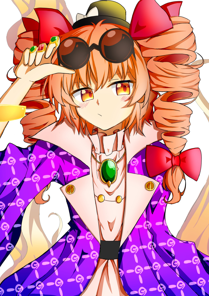 1girl absurdres amaxa arm_up black_headwear blush bow brown_eyes brown_hair closed_mouth drill_hair eyebrows_visible_through_hair eyewear_on_head hair_bow hat highres jewelry long_hair looking_at_viewer red_bow ring solo sunglasses top_hat touhou twin_drills yorigami_jo'on
