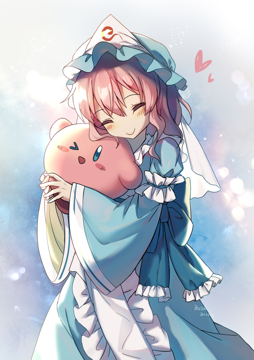 1boy 1girl absurdres bangs baozishark belt blue_background blue_belt blue_bow blue_eyes blue_headwear blue_kimono blue_sleeves blush bow closed_eyes closed_mouth colored_skin eyebrows_visible_through_hair hair_between_eyes hand_up hands_together hands_up hat heart highres hug japanese_clothes kimono kirby kirby_(series) light long_sleeves open_mouth pink_hair pink_heart pink_skin saigyouji_yuyuko short_hair simple_background smile touhou
