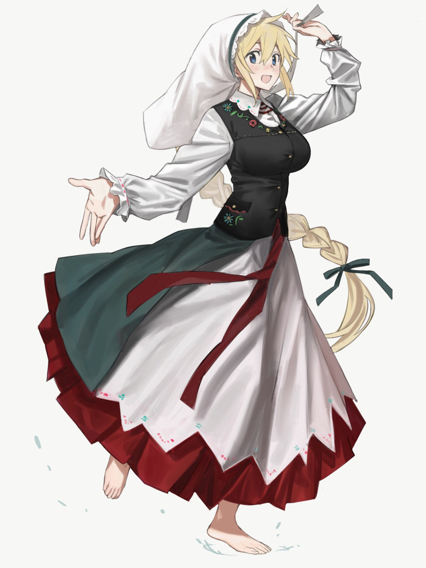 1girl barefoot blonde_hair blue_eyes blush braid breasts character_request commentary copyright_request floral_print green_ribbon hair_between_eyes highres large_breasts long_hair looking_at_viewer original red_eyes ribbon smile solo white_background xxxsoiu1