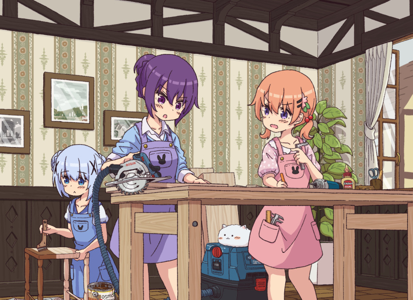 3girls :&lt; blue_eyes caliper closed_mouth curtains gochuumon_wa_usagi_desu_ka? holding holding_paintbrush hoto_cocoa kafuu_chino light_blue_hair mohei multiple_girls open_window paintbrush painting painting_(object) plant purple_hair ruler saw scissors short_sleeves steel_square table tagme tedeza_rize violet_eyes window