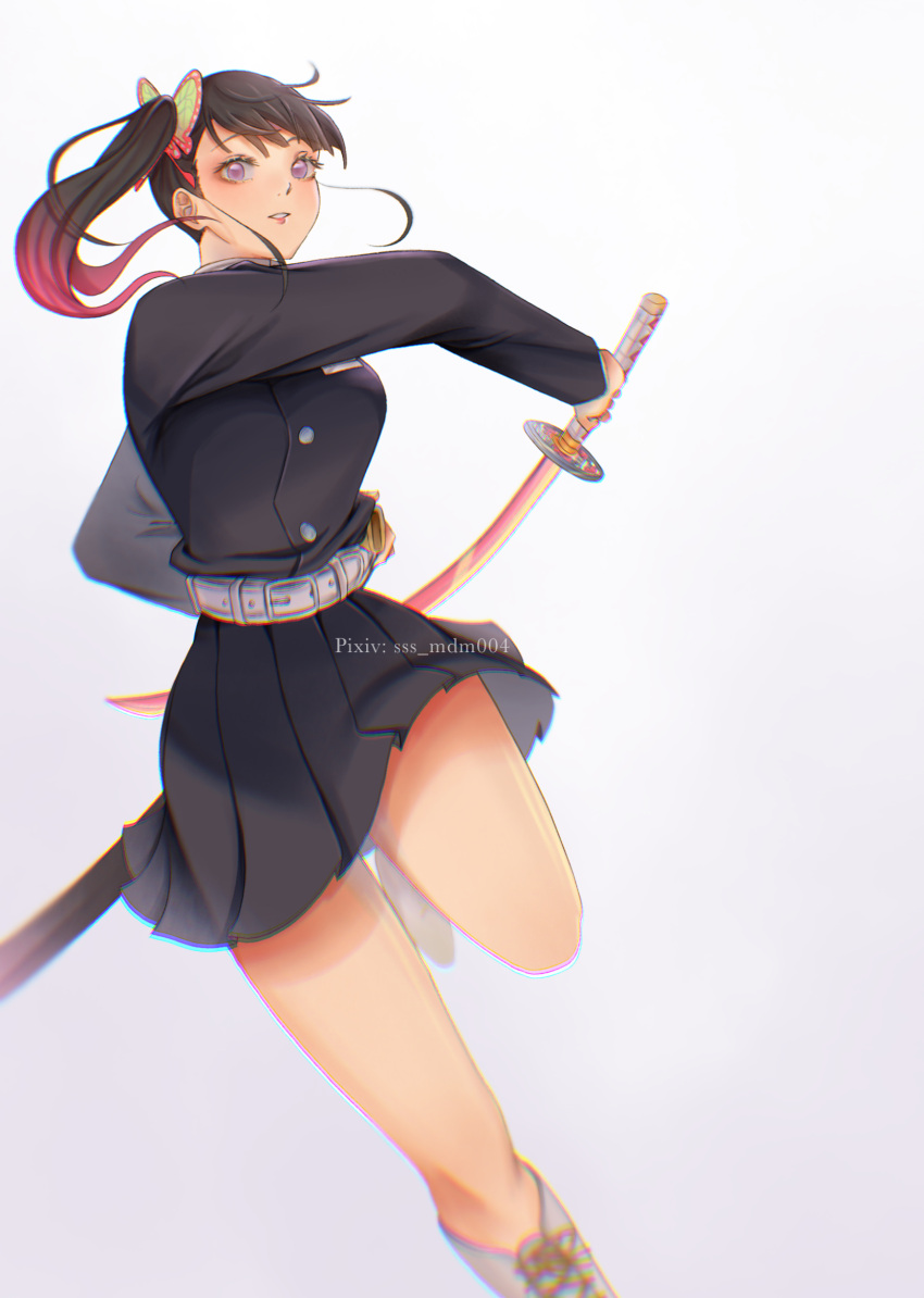 1girl belt belt_buckle black_hair black_jacket black_skirt boots buckle butterfly_hair_ornament floating_hair gradient_hair hair_ornament highres holding holding_sword holding_weapon jacket kimetsu_no_yaiba long_hair long_sleeves miniskirt multicolored_hair parted_lips pleated_skirt redhead simple_background skirt solo sss_mdm004 sword tsuyuri_kanao violet_eyes weapon white_background white_belt