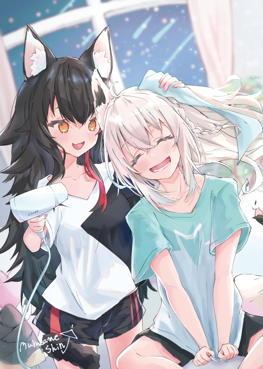 2girls :d absurdres ahoge animal_ear_fluff animal_ears arm_up bangs black_hair black_shorts blue_nails blue_shirt blurry blurry_background blush braid closed_eyes commentary_request drying drying_hair eyebrows_visible_through_hair facing_viewer fox_ears fox_girl fox_tail hair_between_eyes hair_dryer hand_on_another's_head hand_up highres holding holding_hair_dryer holding_towel hololive indoors looking_at_another lower_teeth multicolored_hair multiple_girls nail_polish ookami_mio open_mouth orange_eyes red_nails redhead shin_murasame shirakami_fubuki shirt short_shorts short_sleeves shorts sitting smile standing streaked_hair tail tail_around_leg towel virtual_youtuber white_hair white_shirt window wolf_ears wolf_girl wolf_tail
