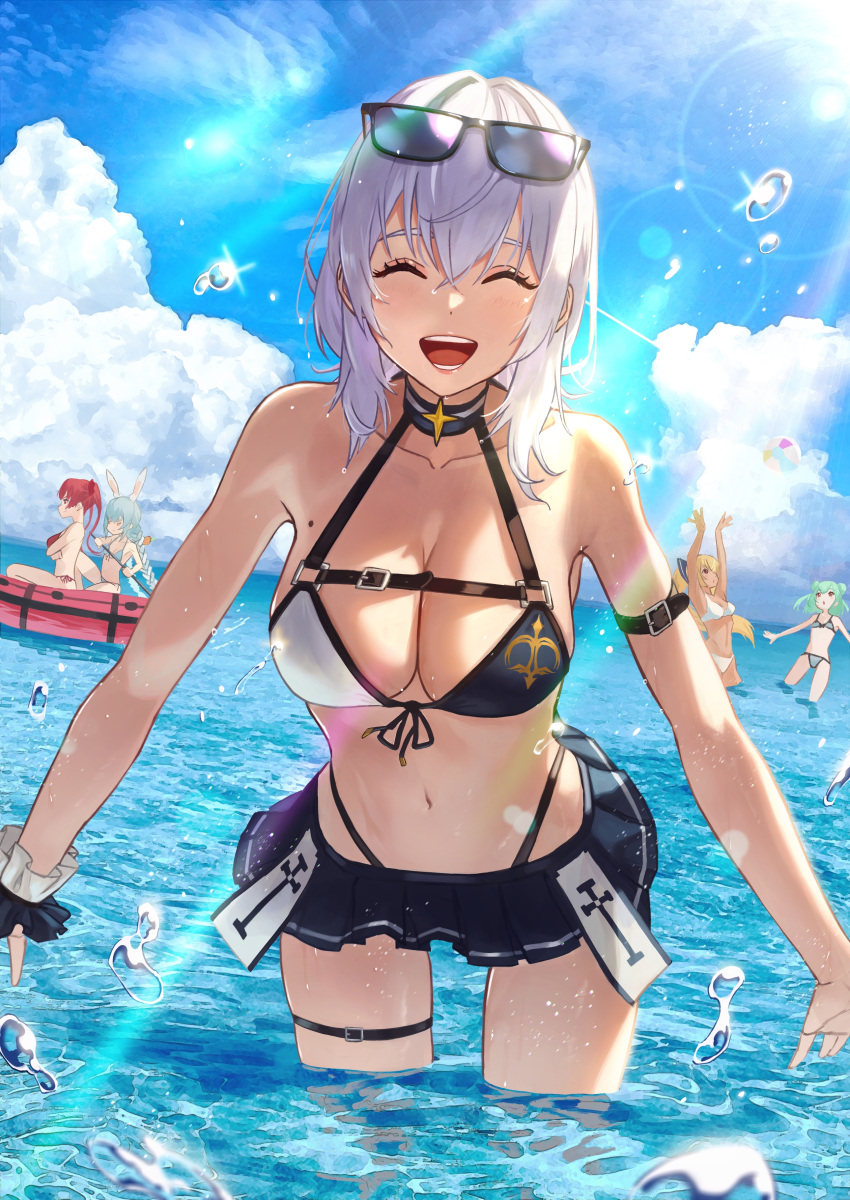 5girls :d ^_^ absurdres animal_ears bikini blonde_hair blue_hair blue_sky breasts closed_eyes clouds collarbone commentary_request day eyewear_on_head green_hair hair_between_eyes happy hara_kenshi highres hololive houshou_marine long_hair mole mole_on_breast multiple_girls navel ocean open_mouth partially_submerged rabbit_ears redhead shiranui_flare shirogane_noel short_hair sky smile sunglasses sunlight swimsuit teeth two-tone_bikini uruha_rushia usada_pekora virtual_youtuber water wet white_bikini white_hair