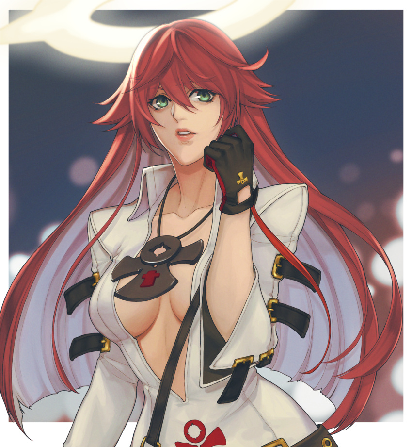 1girl ankh aria_(guilty_gear) belt bodysuit green_eyes guilty_gear highres jack-o'_valentine jewelry long_hair looking_at_viewer necklace redhead straight_hair