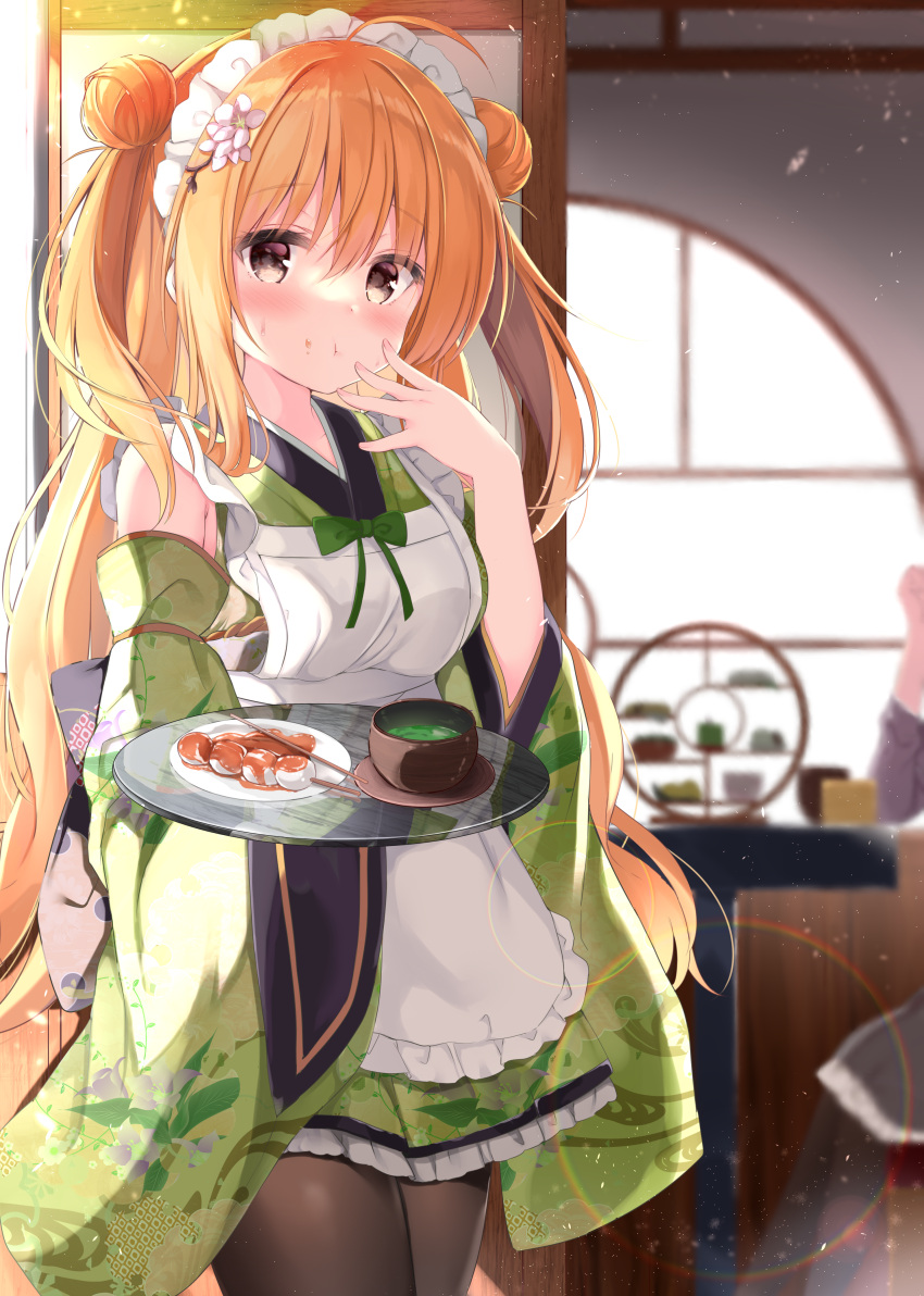 2girls :t absurdres apron bangs bare_shoulders black_legwear blurry blurry_background blush brown_eyes brown_hair closed_mouth commentary_request cup dango depth_of_field detached_sleeves double_bun eating eyebrows_visible_through_hair food food_on_face frilled_apron frilled_kimono frills green_kimono green_sleeves green_tea hair_between_eyes hand_up highres holding holding_tray indoors japanese_clothes kimono kujou_danbo long_hair long_sleeves looking_at_viewer maid_headdress multiple_girls original pantyhose plate sleeveless sleeveless_kimono solo_focus table tea tray two_side_up very_long_hair wa_maid wagashi white_apron wide_sleeves