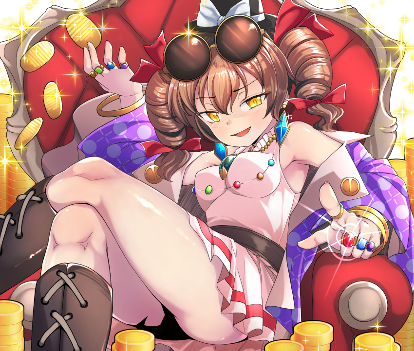1girl :d armpits ass bare_shoulders boots breasts brown_hair chair coat coin crossed_legs drill_hair feet_out_of_frame glint hat highres jewelry long_hair medium_breasts necklace off_shoulder open_mouth pointing pointing_at_viewer purple_coat ring sitting smile solo sparkle thighs top_hat touhou twin_drills twintails yellow_eyes yorigami_jo'on yossy_(yossy1130)