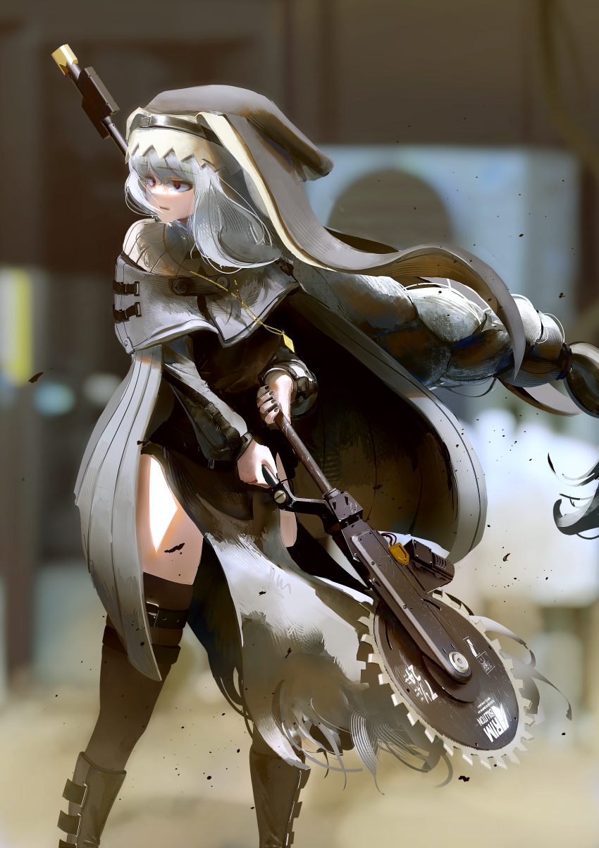 1girl absurdres arknights bangs black_footwear black_nails boots circular_saw commentary_request floating_hair grey_cloak habit highres holding holding_weapon kusami_toka_naku_au long_hair looking_to_the_side nun red_eyes saw silver_hair solo specter_(arknights) thigh-highs very_long_hair weapon