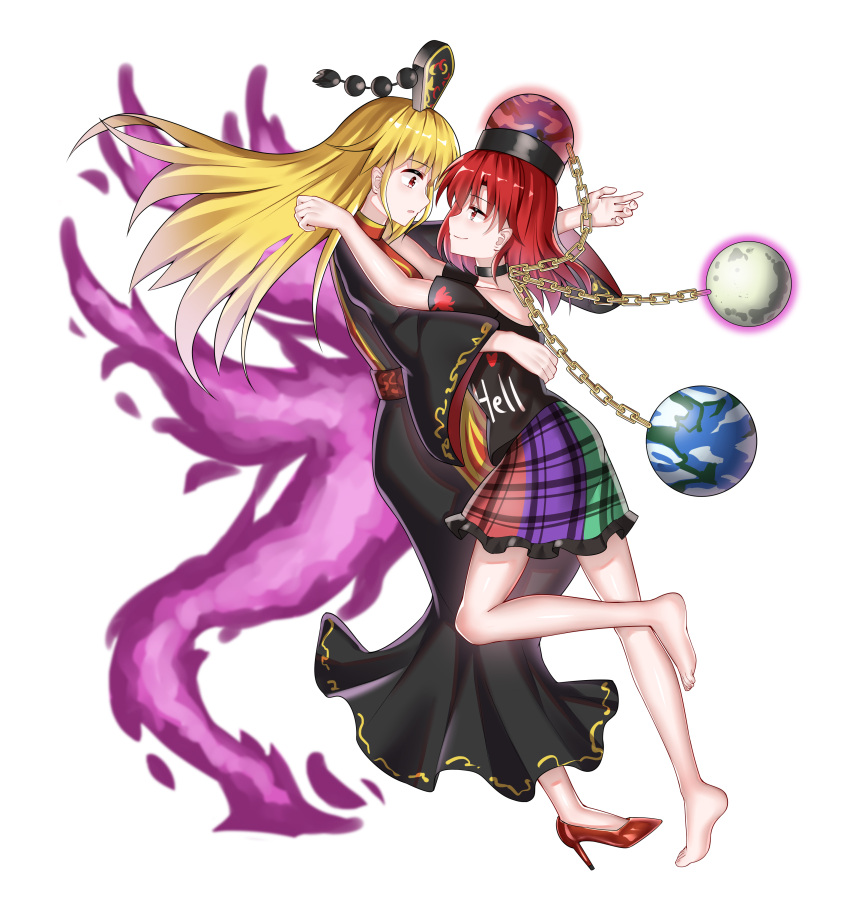 2girls absurdres ailu_elf bangs black_dress black_shirt blonde_hair chain chinese_clothes chinese_commentary commentary_request dress earth_(ornament) energy eye_contact face-to-face fox_tail gold_chain hecatia_lapislazuli highres hug junko_(touhou) long_hair looking_at_another medium_hair moon_(ornament) multicolored multicolored_clothes multicolored_skirt multiple_girls multiple_tails off-shoulder_shirt off_shoulder plaid plaid_skirt polos_crown red_eyes redhead shirt skirt t-shirt tabard tail touhou yuri