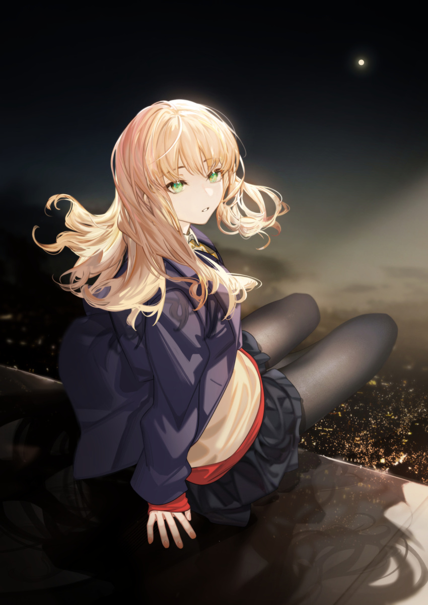1girl arlizi arm_support bangs black_legwear black_skirt blonde_hair blue_jacket cityscape commentary feet_out_of_frame full_moon green_eyes gridman_universe highres jacket ledge looking_at_viewer looking_back minami_yume moon night night_sky open_clothes open_jacket pantyhose parted_lips pleated_skirt red_shirt shirt short_hair sitting skirt sky solo ssss.dynazenon undershirt vest yellow_vest