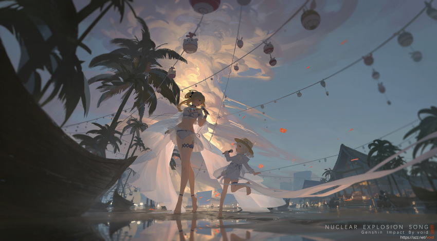 2girls alternate_costume bangs barefoot beach bikini blonde_hair blue_bikini blue_eyes boat bow building choker clouds cloudy_sky clover_print coconut_tree commentary_request contemporary cowboy_hat dodoco_(genshin_impact) eyebrows_visible_through_hair full_body genshin_impact hair_bow hair_ribbon hat hat_feather hat_ornament highres holding jean_gunnhildr jumpy_dumpty klee_(genshin_impact) lampion light_brown_hair long_hair looking_at_another low_twintails microphone midriff multiple_girls navel night night_sky orange_eyes palm_tree pointy_ears ponytail ribbon shade sidelocks size_difference sky standing standing_on_one_leg swimsuit tree twintails void_0 watercraft