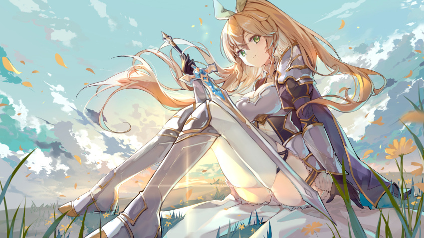 1girl armor armored_boots bangs black_gloves blonde_hair boots breastplate breasts commentary_request elise_(piclic) full_body gloves green_eyes hair_between_eyes highres holding holding_sword holding_weapon juliet_sleeves leafa long_hair long_sleeves looking_at_viewer medium_breasts outdoors petals ponytail puffy_sleeves shoulder_armor sitting sky smile solo sword sword_art_online thigh-highs weapon white_legwear