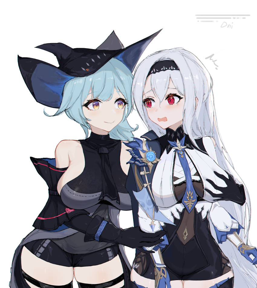 2girls absurdres arknights arm_cuffs ascot bangs black_gloves black_headwear black_neckwear black_pants black_shirt blue_hair blue_neckwear blush bodystocking breasts brown_eyes buttons chinese_commentary clothing_cutout commentary_request cosplay costume_switch cowboy_shot crossover embarrassed eula_lawrence eula_lawrence_(cosplay) eyebrows_visible_through_hair genshin_impact gloves grabbing grabbing_from_behind hair_between_eyes hairband hand_up hat highres holding_another's_arm large_breasts leotard long_hair looking_at_another low-tied_long_hair medium_hair multiple_girls pants ruyouguizhu satou_rina seiyuu_connection shirt sideboob silver_hair simple_background skadi_(arknights) skadi_(arknights)_(cosplay) skindentation sleeveless sleeveless_shirt smile sword thigh-highs thigh_cutout thighs v-shaped_eyebrows very_long_hair vision_(genshin_impact) weapon white_background