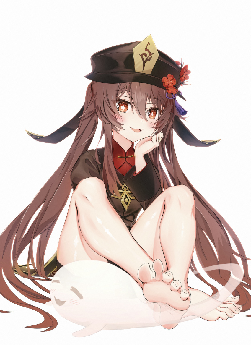 1girl absurdres barefoot blush brown_hair feet flower flower-shaped_pupils genshin_impact ghost hat hat_flower highres hu_tao_(genshin_impact) jewelry long_hair long_sleeves looking_at_viewer misachu open_mouth red_eyes ring smile soles solo symbol-shaped_pupils twintails