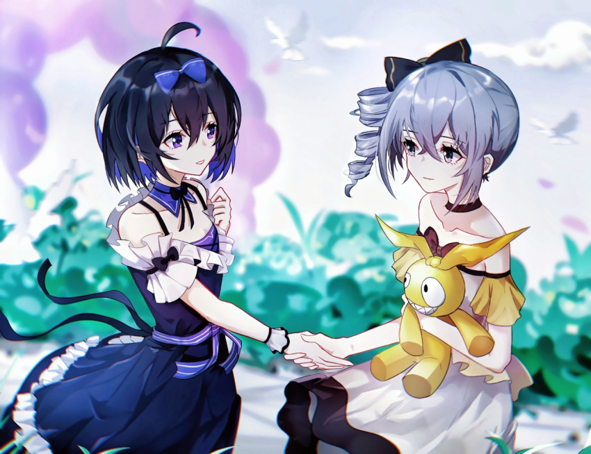 2girls 8181018 antenna_hair bangs bare_shoulders bronya_zaychik closed_eyes clouds cloudy_sky doll drill_hair grey_background grey_eyes hair_between_eyes hair_ribbon holding holding_hands holding_weapon homu_(honkai_impact) honkai_(series) honkai_impact_3rd looking_at_another multiple_girls open_mouth outdoors purple_hair ribbon seele_vollerei short_hair sky smile violet_eyes weapon yuri