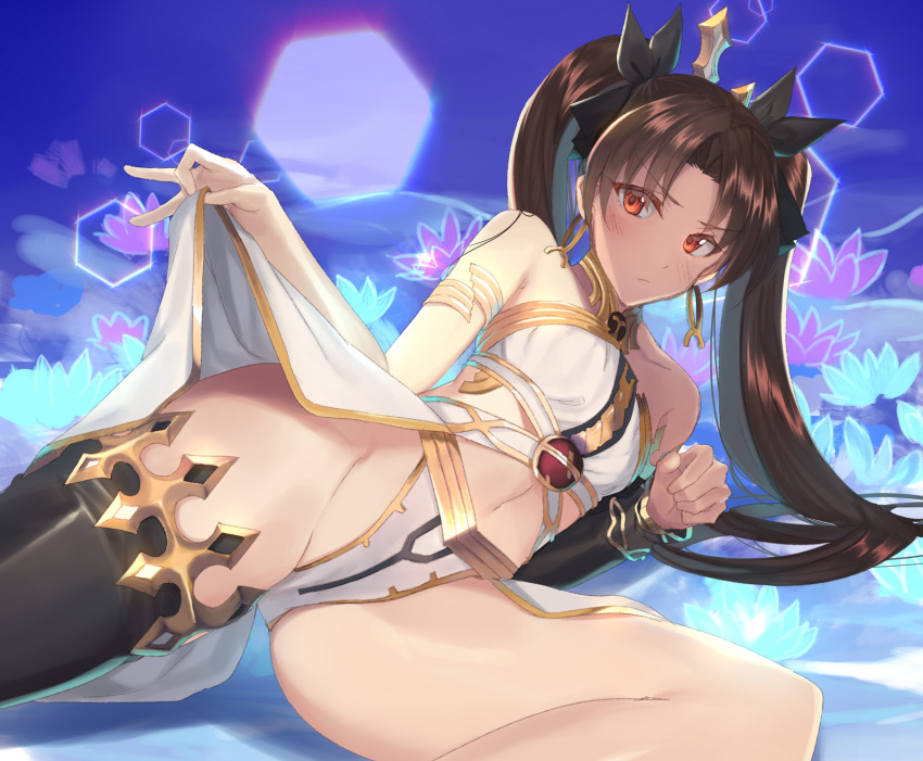 1girl armlet bangs bikini black_hair black_legwear bracelet breasts detached_sleeves earrings fate/grand_order fate_(series) gold_trim hair_ribbon highres hoop_earrings ishtar_(fate) ishtar_(fate)_(all) jewelry kabocha_(monkey4) long_hair looking_at_viewer lying medium_breasts neck_ring on_side parted_bangs red_eyes ribbon single_detached_sleeve single_thighhigh solo swimsuit thigh-highs thighlet thighs tiara two_side_up white_bikini