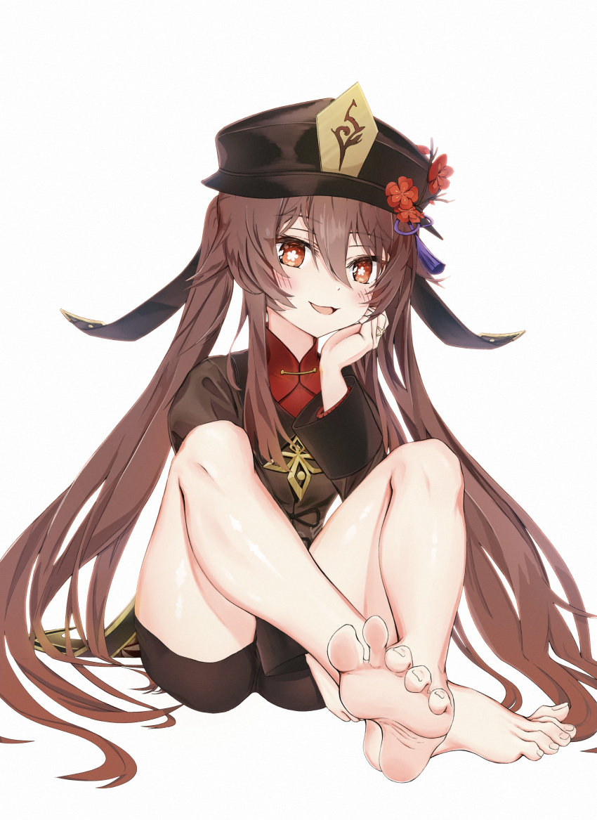 1girl absurdres barefoot black_shorts blush brown_hair feet flower flower-shaped_pupils genshin_impact hat hat_flower highres hu_tao_(genshin_impact) jewelry long_hair long_sleeves looking_at_viewer misachu open_mouth red_eyes ring shorts smile soles solo symbol-shaped_pupils twintails
