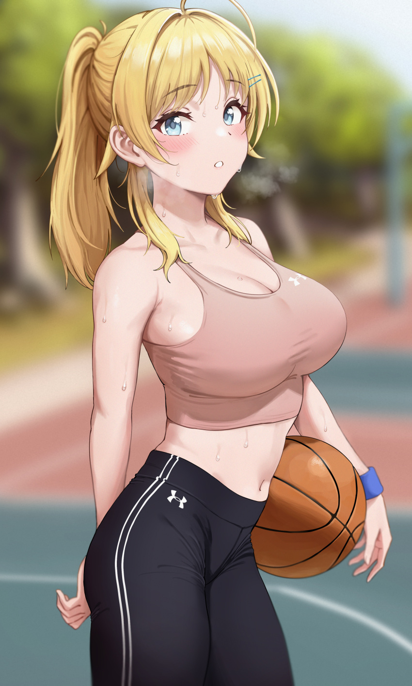 1girl :o armband armpits basketball basketball_court blonde_hair blue_eyes blurry_background blush breasts cleavage hachimiya_meguru heavy_breathing holding hot idolmaster idolmaster_shiny_colors looking_at_viewer outdoors ponytail solo solo_focus sport sports_bra sportswear steam sweat sweating_profusely