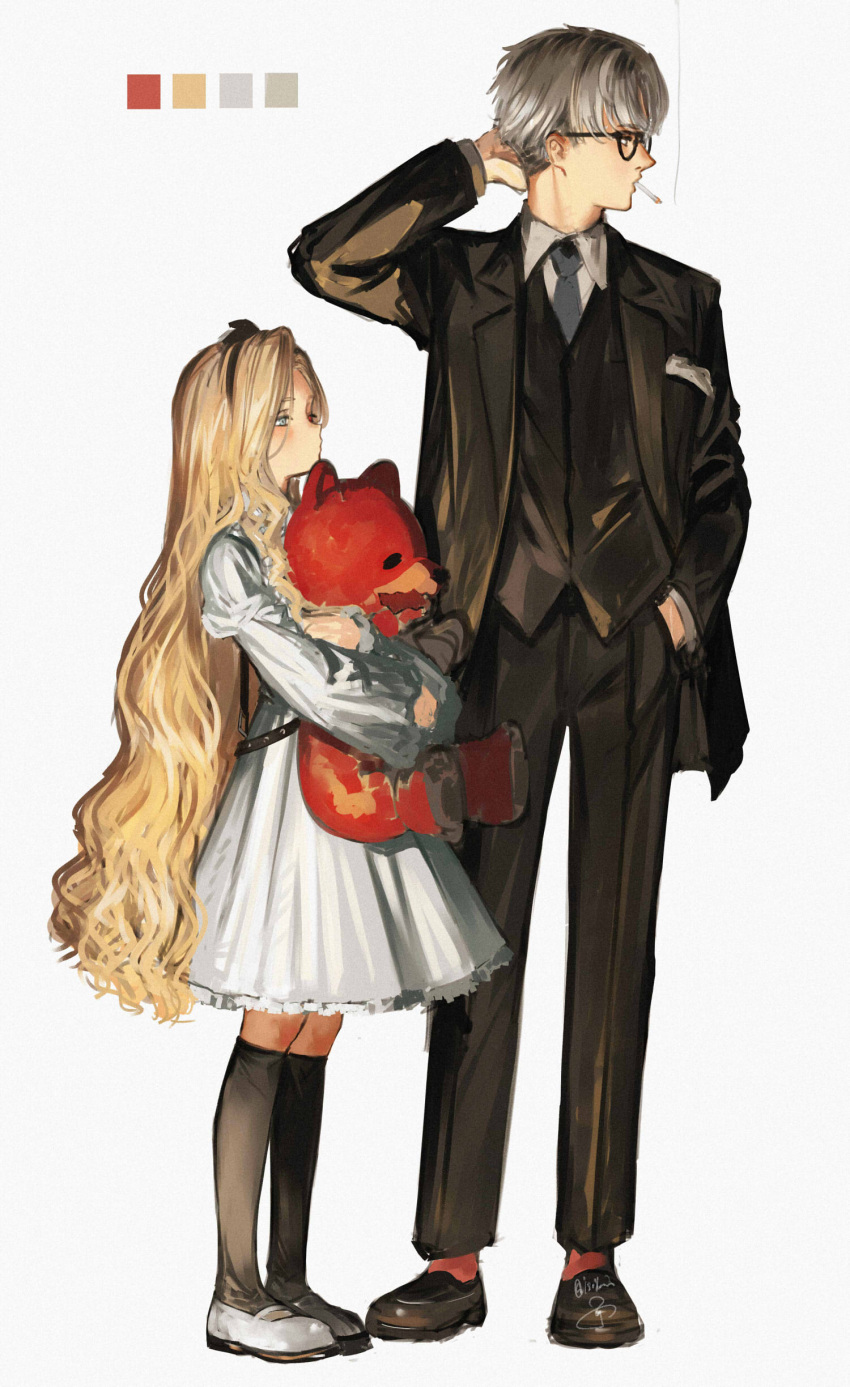 1boy 1girl absurdres black_legwear blonde_hair blue_eyes blush cigarette collared_shirt color_guide copyright_request dress formal full_body glasses grey_hair hairband heterochromia highres holding holding_stuffed_toy isshiki_(ffmania7) jacket kneehighs long_hair mary_janes necktie open_clothes open_jacket red_eyes red_legwear shirt shoes simple_background smoking socks stuffed_animal stuffed_toy suit teddy_bear very_long_hair white_background