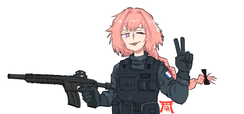 1boy ar-15 assault_rifle astolfo_(fate) bangs black_gloves fate/grand_order fate_(series) french_flag gavriil_mb1 gloves gun hair_between_eyes hair_ribbon highres holding holding_gun holding_weapon long_hair long_sleeves looking_at_viewer one_eye_closed open_mouth pink_eyes pink_hair ribbon rifle simple_background solo tactical_clothes v weapon white_background